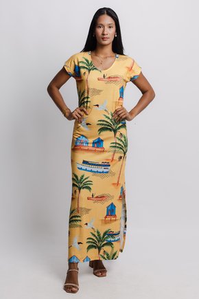 Vestido Jeri - Barcos e Tuiuiu Fundo Amarelo