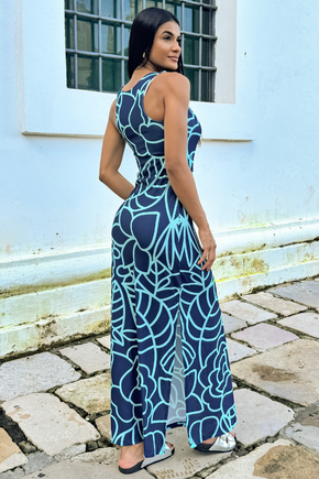 Vestido Hortência - Tucano Flores Linhas Azuis