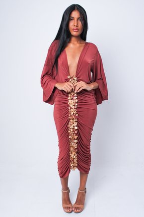 Vestido Malha Terracota Faixa Bordada em Escamas e ou Madrepérola