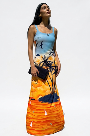 Vestido Hortencia - Paisagem Laranja Boto