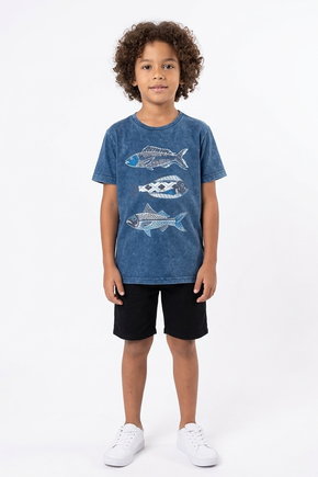 Camiseta Estonada Infantil - Marinho Sky - Peixes
