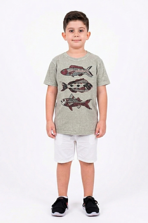 Camiseta Estonada Infantil - Cinza - Peixes