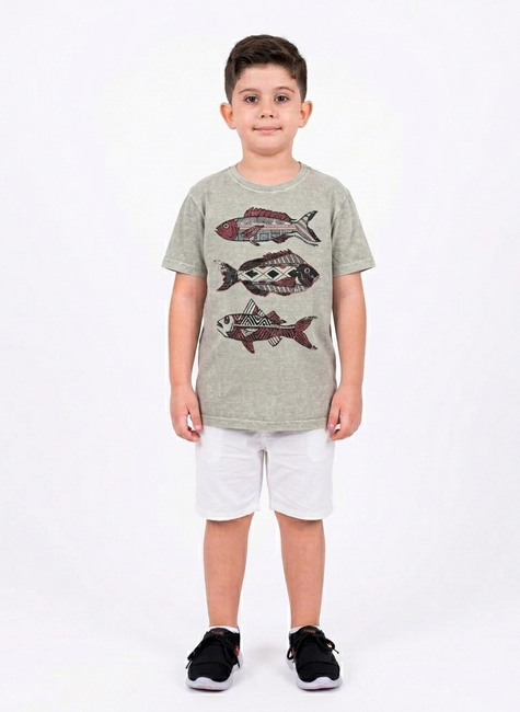 camiseta estonada infantil peixes cinza