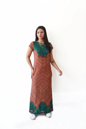 Vestido Jeri Longo - Cocar Penas Fundo Etnico