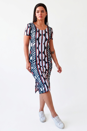 Vestido Midi Canelado - Tribal Vermelho e Preto