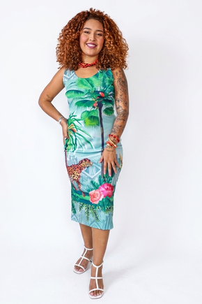 Vestido Midi Canelado - Onça Barrados Fundo Menta