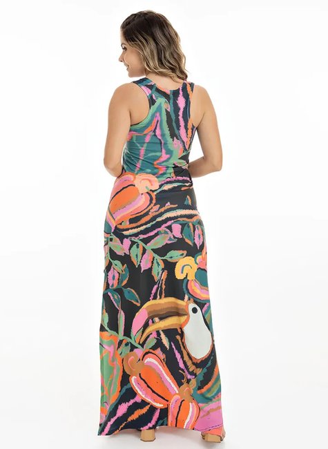 vestido longo tulipa caju tucano folhas fundo preto costa