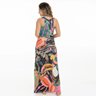 vestido longo tulipa caju tucano folhas fundo preto costa
