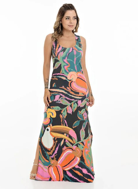 vestido longo tulipa caju tucano folhas fundo preto frente
