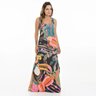 vestido longo tulipa caju tucano folhas fundo preto frente