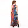 vestido longo tulipa animais e folhagens fundo meio a meio costa