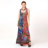 vestido longo tulipa animais e folhagens fundo meio a meio frente