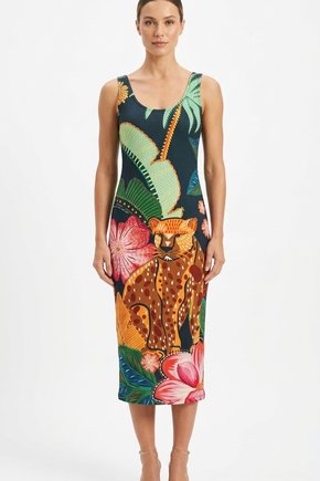 Vestido Midi Canelado - ONÇA FOLHA TROPICAL FND PRETO