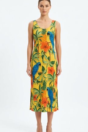 VESTIDO MIDI CANELADO - ARARA AZUL ABACAXI FND AMARELO